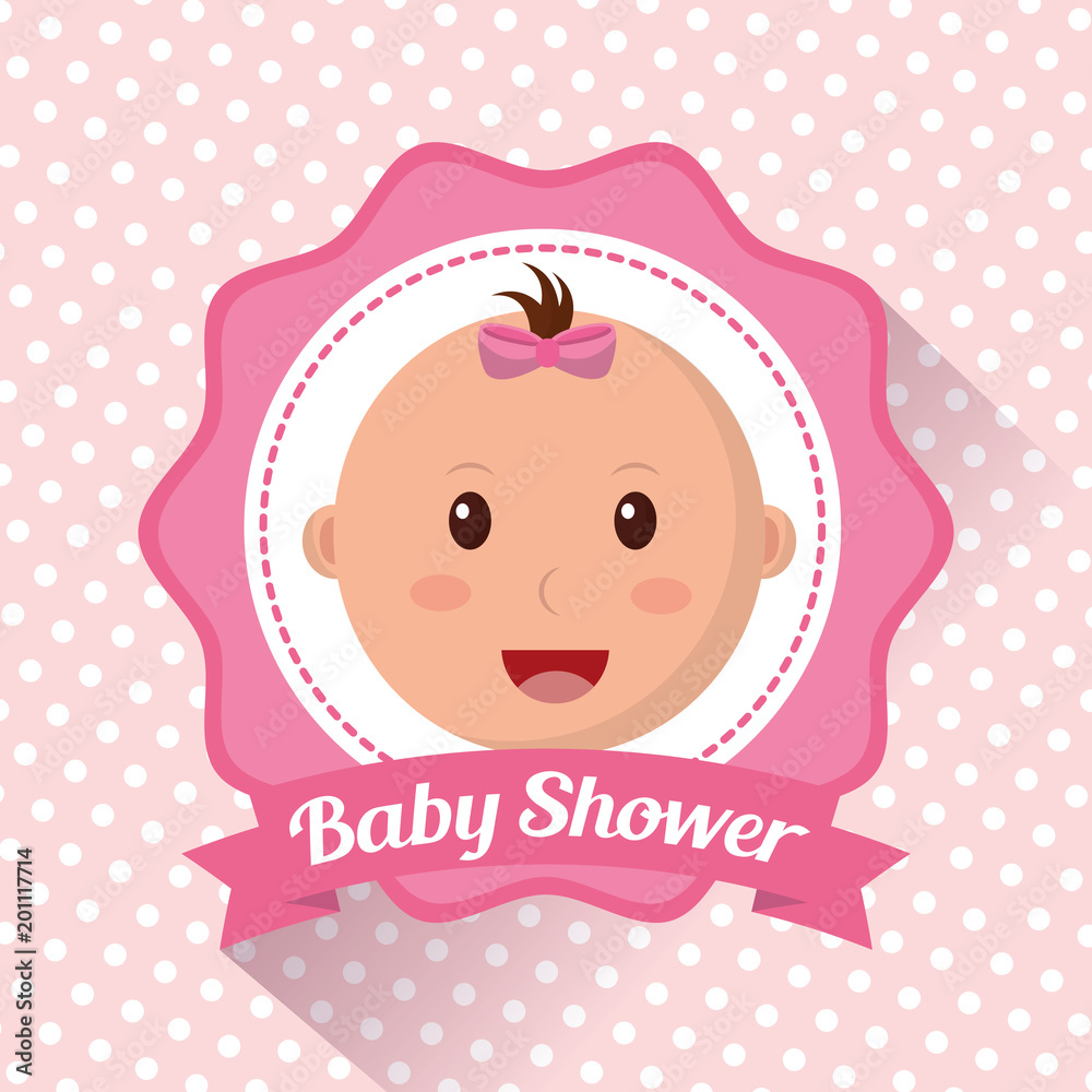 baby shower girl sticker with babe face smiling celebration pink bow vector illustration baby shower girl sticker with babe face smiling celebration pink bow vector illustration