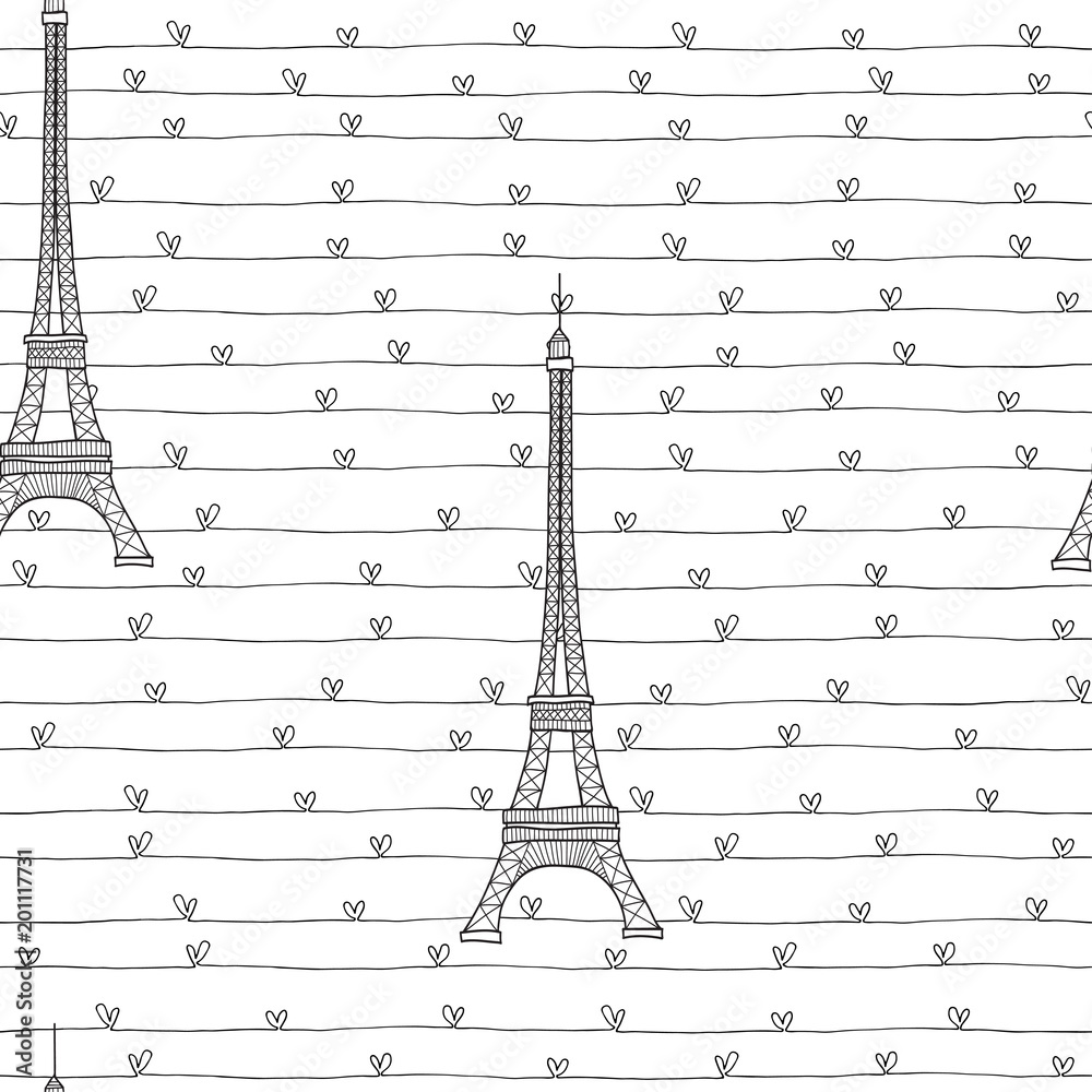  Eiffel Tower and hearts.  Seamless romantic pattern on a white background. Vector illustration.
