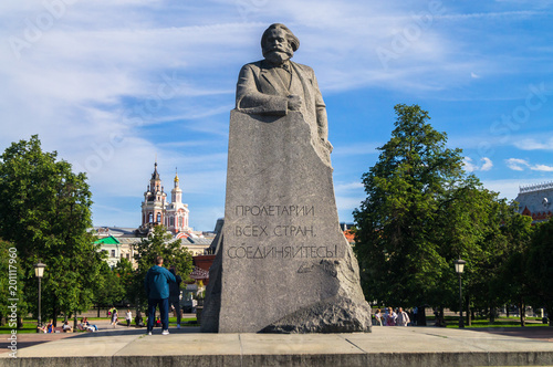 MOSCOW, RUSSIA - JUNE 20.2017: Memorial of the the great  German revolutionary socialist Karl Marx (1818-1883) on the Teatralnaya square.