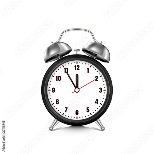 Vector realistic 3d illustration of black alarm clock, isolated on white background. Five minutes to twelve o'clock.