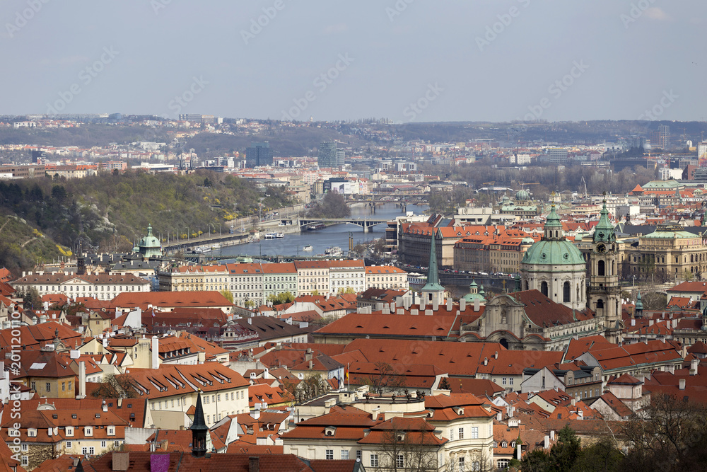 View on the sunny spring Prague with St. Nicholas' Cathedral, Czech Republic