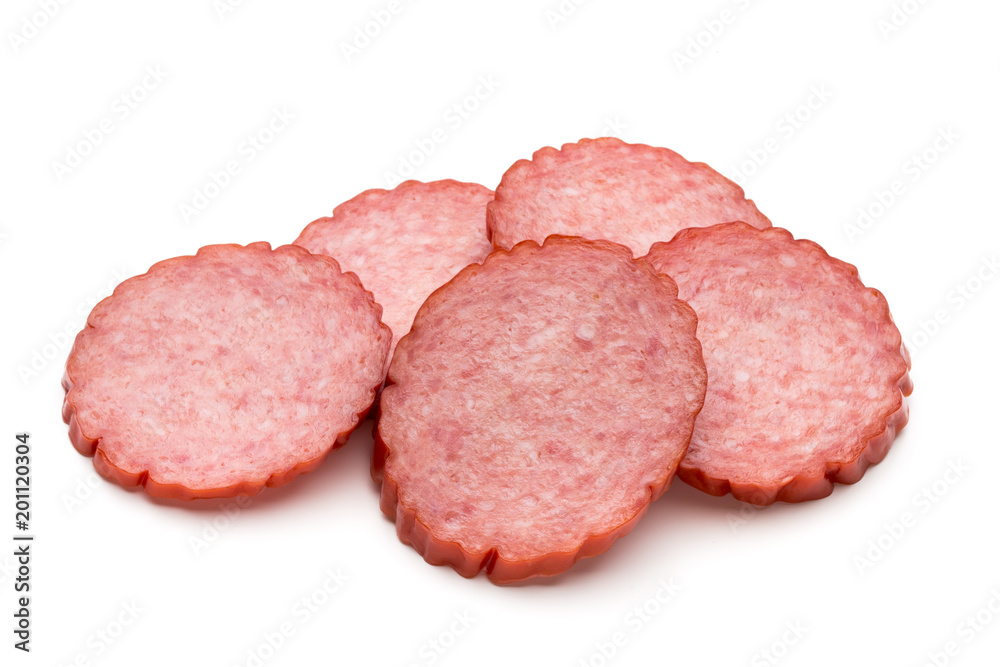 Slices of salami. Isolated on a white background. Slices of salami. Isolated on a white background.