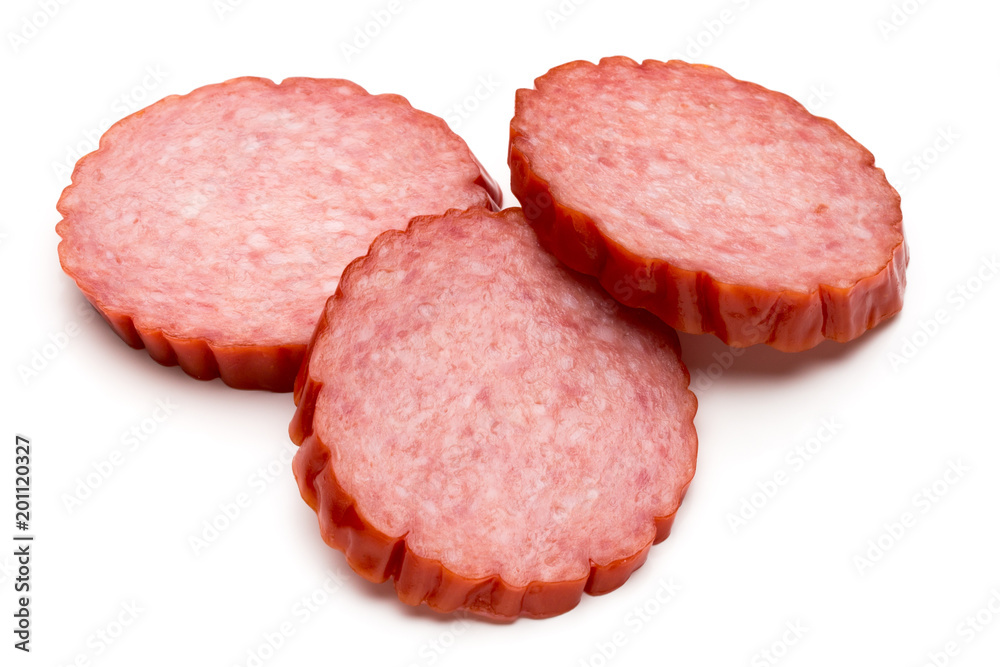 Slices of salami. Isolated on a white background. Slices of salami. Isolated on a white background.