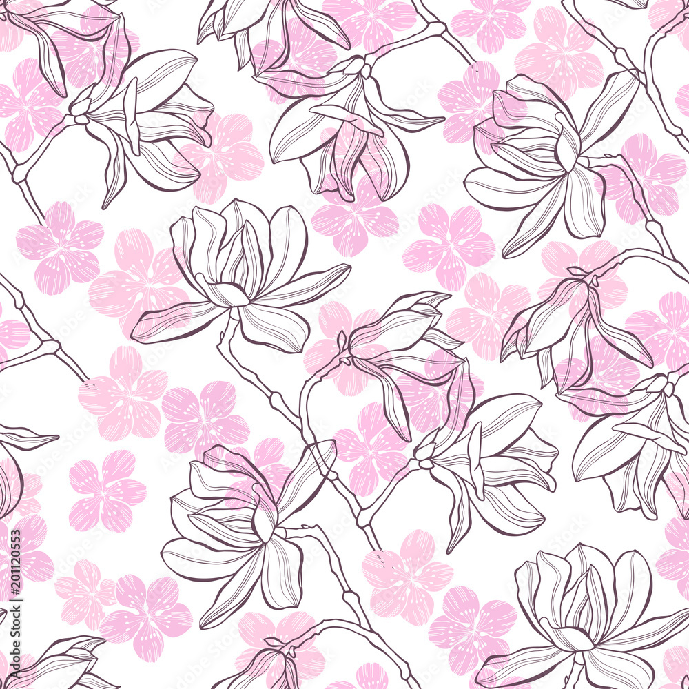 Seamless  pattern with magnolia and sakura on a white background.