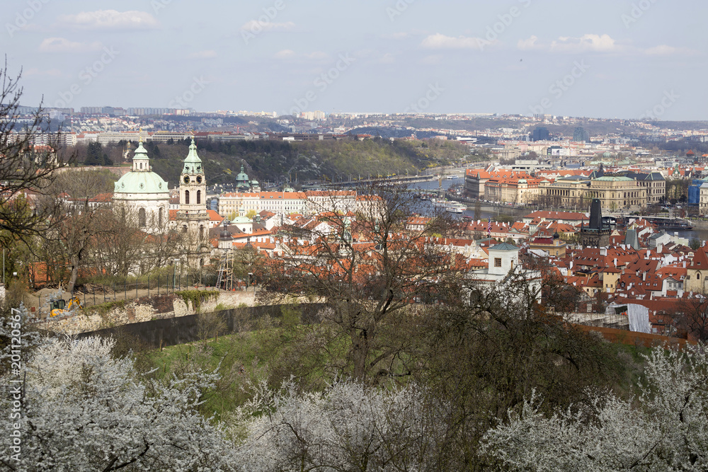 View on the sunny spring Prague with St. Nicholas' Cathedral, Czech Republic