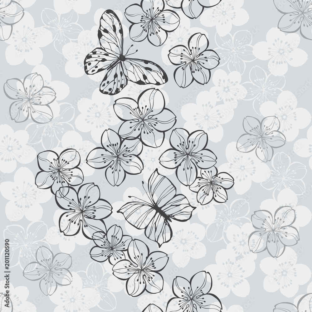 Monochrome seamless  pattern with  sakura and butterflies.
