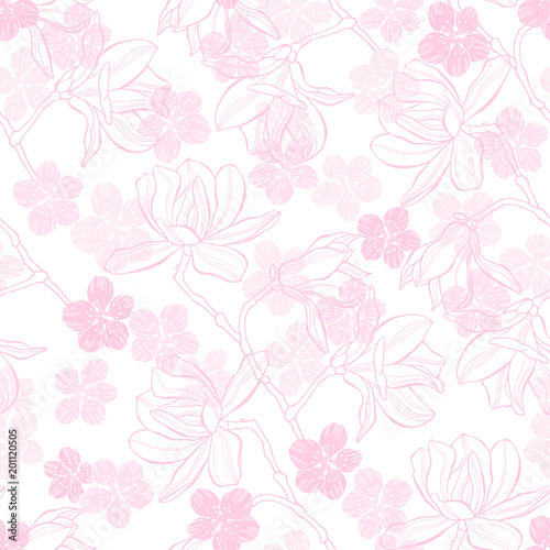 Seamless  pattern with magnolia and sakura on a white background.