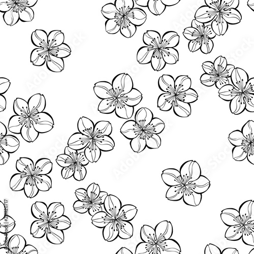 Monochrome seamless  pattern with  sakura on a white background.