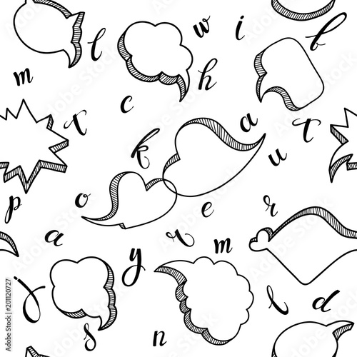 Speech bubble and letters on a white background. Seamless vector pattern.