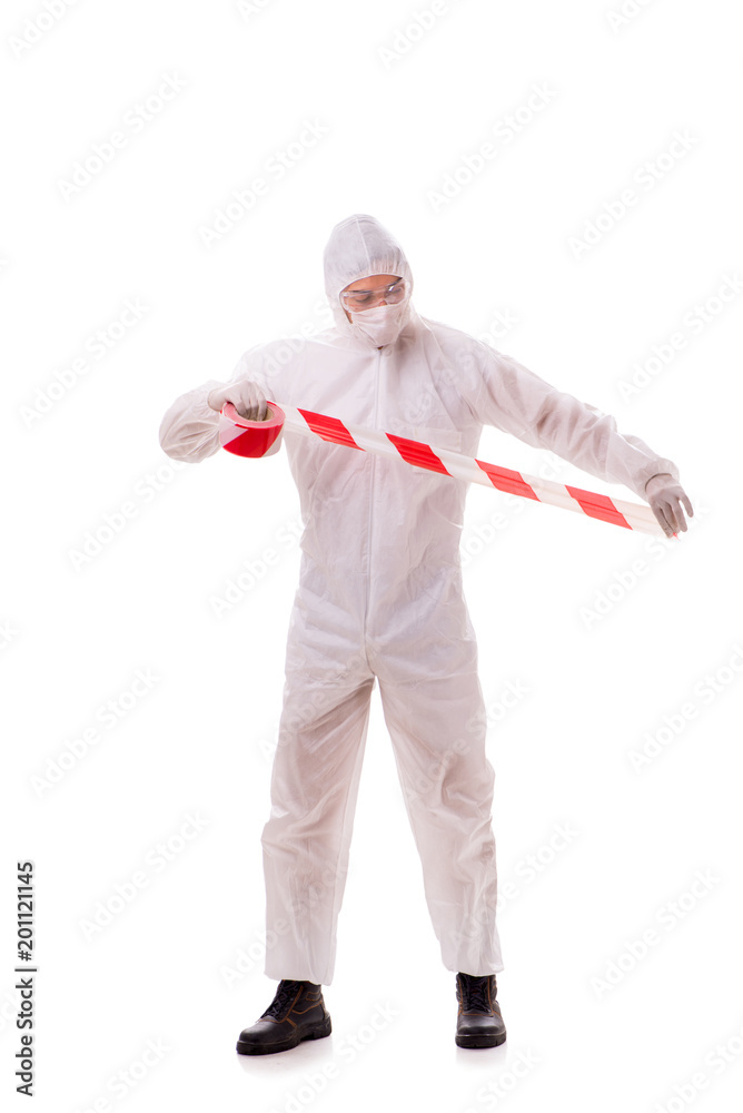 Forensic specialist in protective suit isolated on white Forensic specialist in protective suit isolated on white