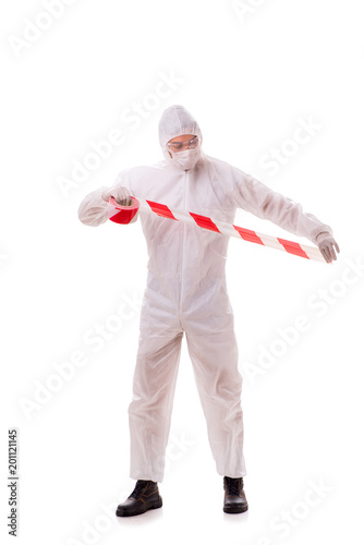 Forensic specialist in protective suit isolated on white