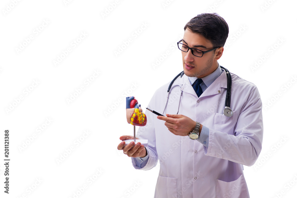 Young doctor with heart shape isolated on white Young doctor with heart shape isolated on white