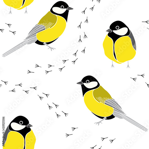 Seamless pattern with tits and traces on a white background. Vector illustration.
