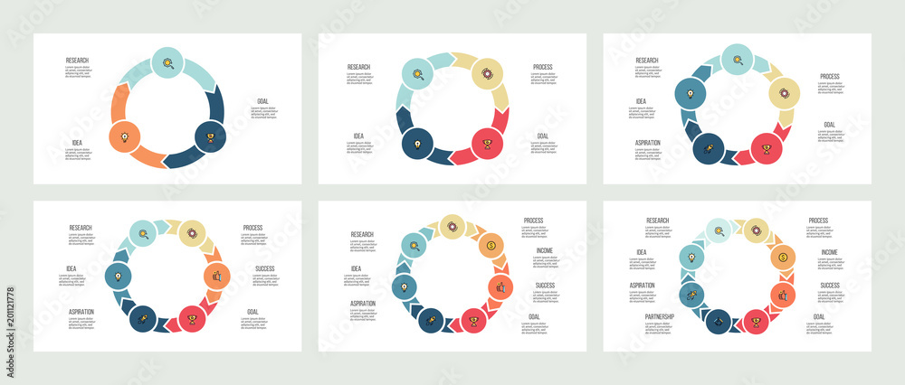 Business infographics. Circles with 3 - 8 parts, arrows. Vector templates.