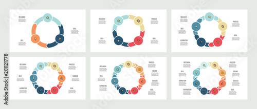 Business infographics. Circles with 3 - 8 parts, arrows. Vector templates.