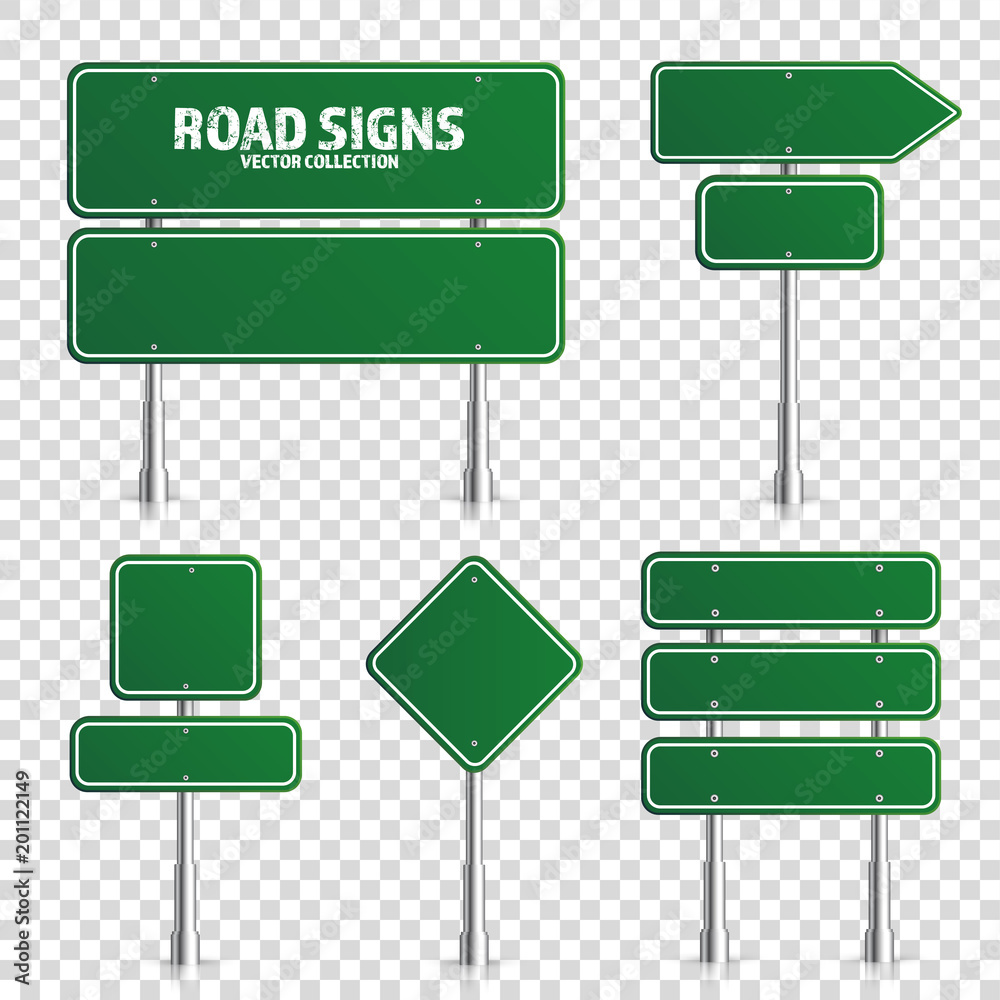 Road green traffic sign. Blank board with place for text.Mockup. Isolated on white information sign. Direction. Vector illustration.