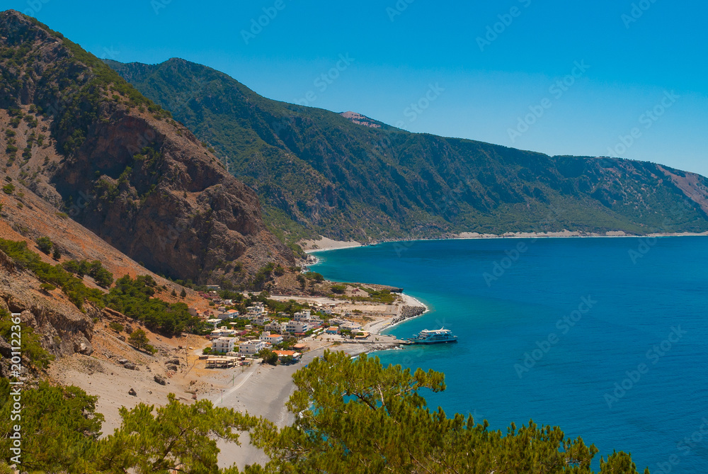Agia Roumeli beach in Chania of Crete, Greece. The village of Agia Roumeli is located at the entrance of the gorge Samaria