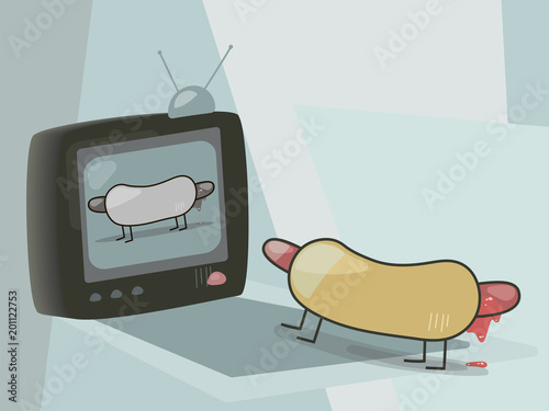 cartoon hot dog vector bun roll sausage with black legs stands on a blue background illustration looks at a TV with a black and white frame on which is depicted the same hot dog