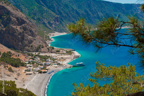 Agia Roumeli beach in Chania of Crete, Greece. The village of Agia Roumeli is located at the entrance of the gorge Samaria photo