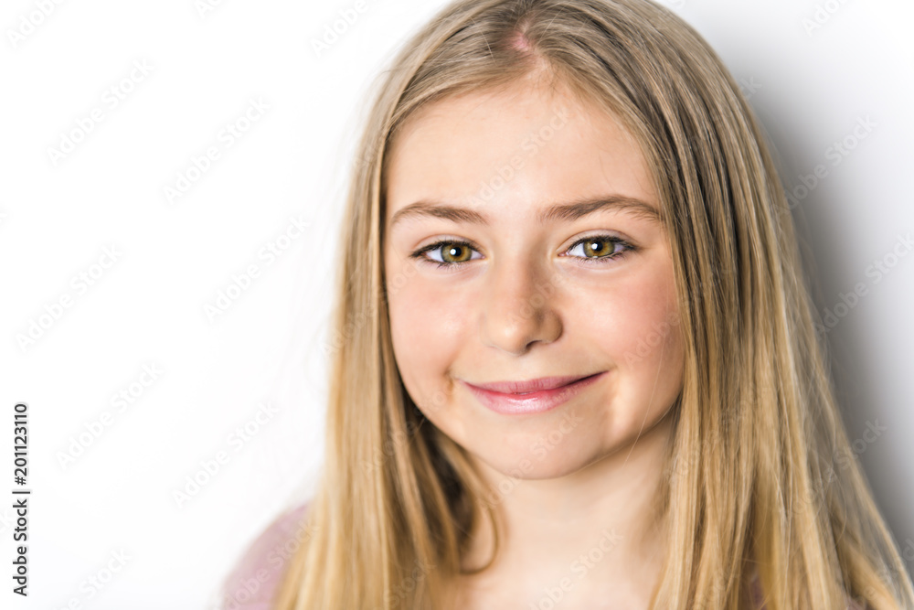 Little girl with blond hair on white background Little girl with blond hair on white background