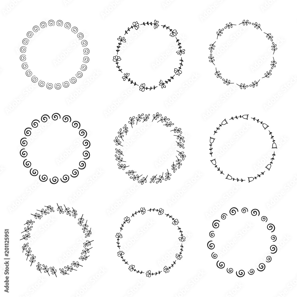 Hand drawn doodle wreath set. Collection of cute round frames for posters, cards and invitations Hand drawn doodle wreath set. Collection of cute round frames for posters, cards and invitations