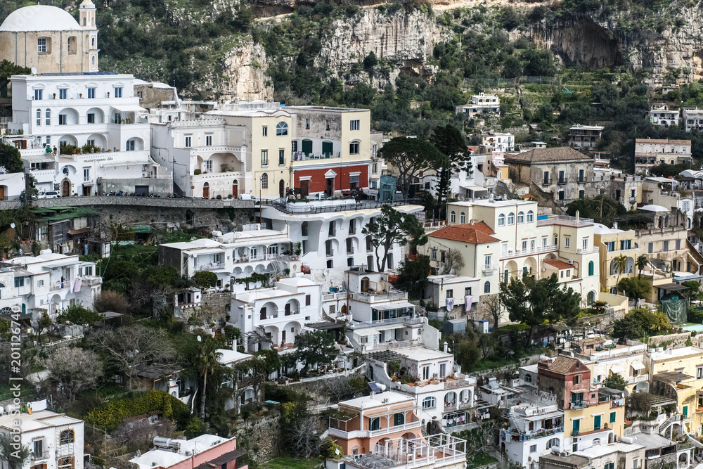houses and lemon trees on the mountain in Positano, amalfi, Italy