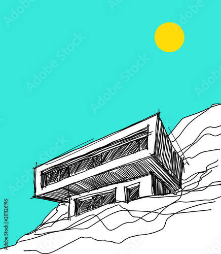 hand drawn illustration of modern detached house on the steep slope under the hill with blue sky and yellow sun