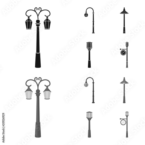 Lamppost in retro style,modern lantern, torch and other types of streetlights. Lamppost set collection icons in black,monochrom style vector symbol stock illustration web.