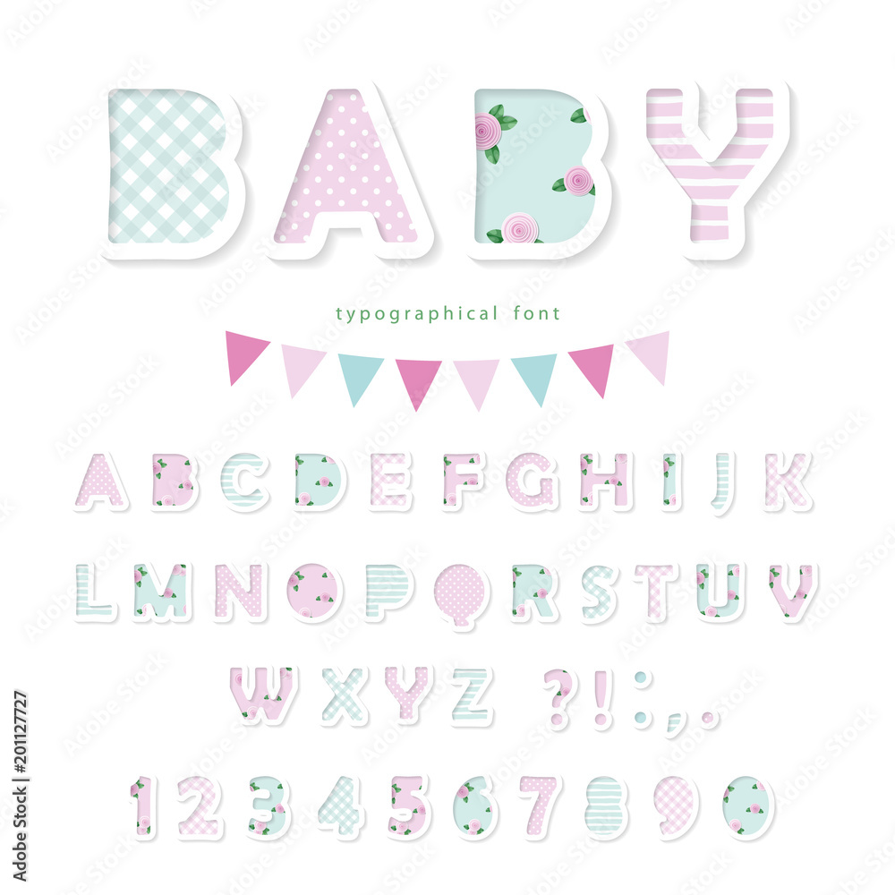 Cute textile font in pastel pink and blue. For birthday, baby shower, clothes decorative elements. Cute textile font in pastel pink and blue. For birthday, baby shower, clothes decorative elements.