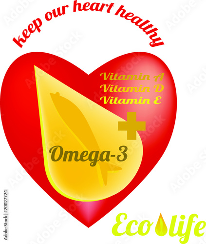 Template for advertising fish oil from ecologically clean sea waters, Omega-3 and vitamins A, D, E. Text - keep our heart healthy. Vector illustration on white background.