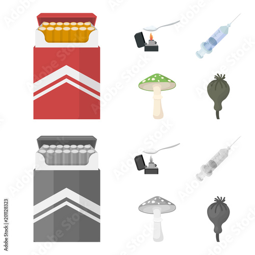 Cigarettes, a syringe, a galoyucinogenic fungus, heroin in a spoon.Drug set collection icons in cartoon,monochrome style vector symbol stock illustration web.