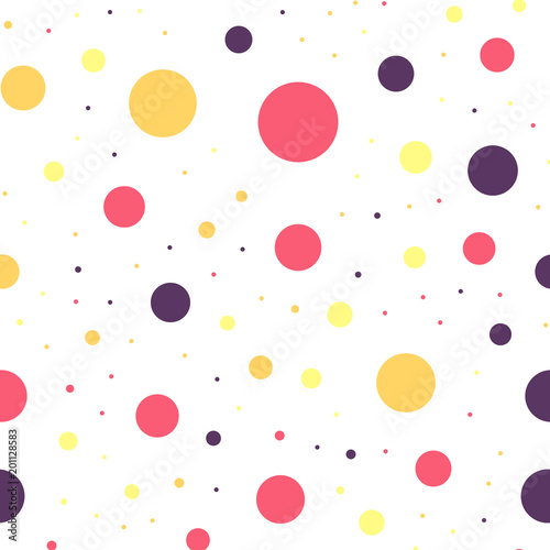 Colorful polka dots seamless pattern on black 25 background. Magnificent classic colorful polka dots textile pattern. Seamless scattered confetti fall chaotic decor. Abstract vector illustration.
