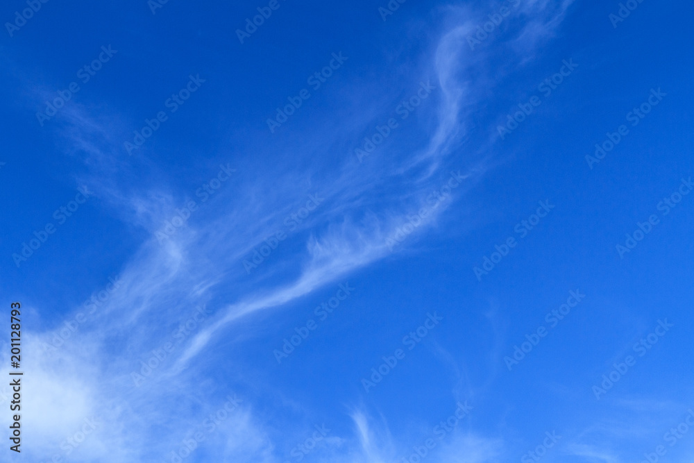 Bodies of unique delicate painterly diffused thin white cloud patterns on a blue sky nature background Bodies of unique delicate painterly diffused thin white cloud patterns on a blue sky nature background
