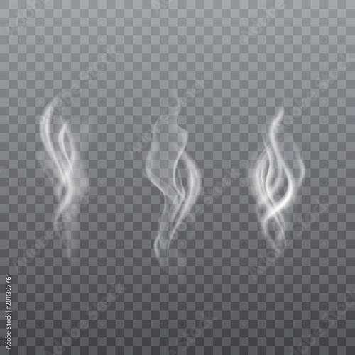 Collection of realistic white smoke on transparent background. Vector.