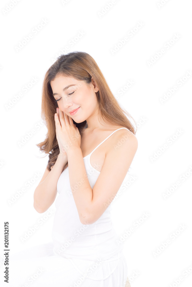 Portrait of beautiful asian woman makeup of cosmetic - girl hand touch cheek and smile on attractive face with skin healthcare concept isolated on white background. Portrait of beautiful asian woman makeup of cosmetic - girl hand touch cheek and smile on attractive face with skin healthcare concept isolated on white background.