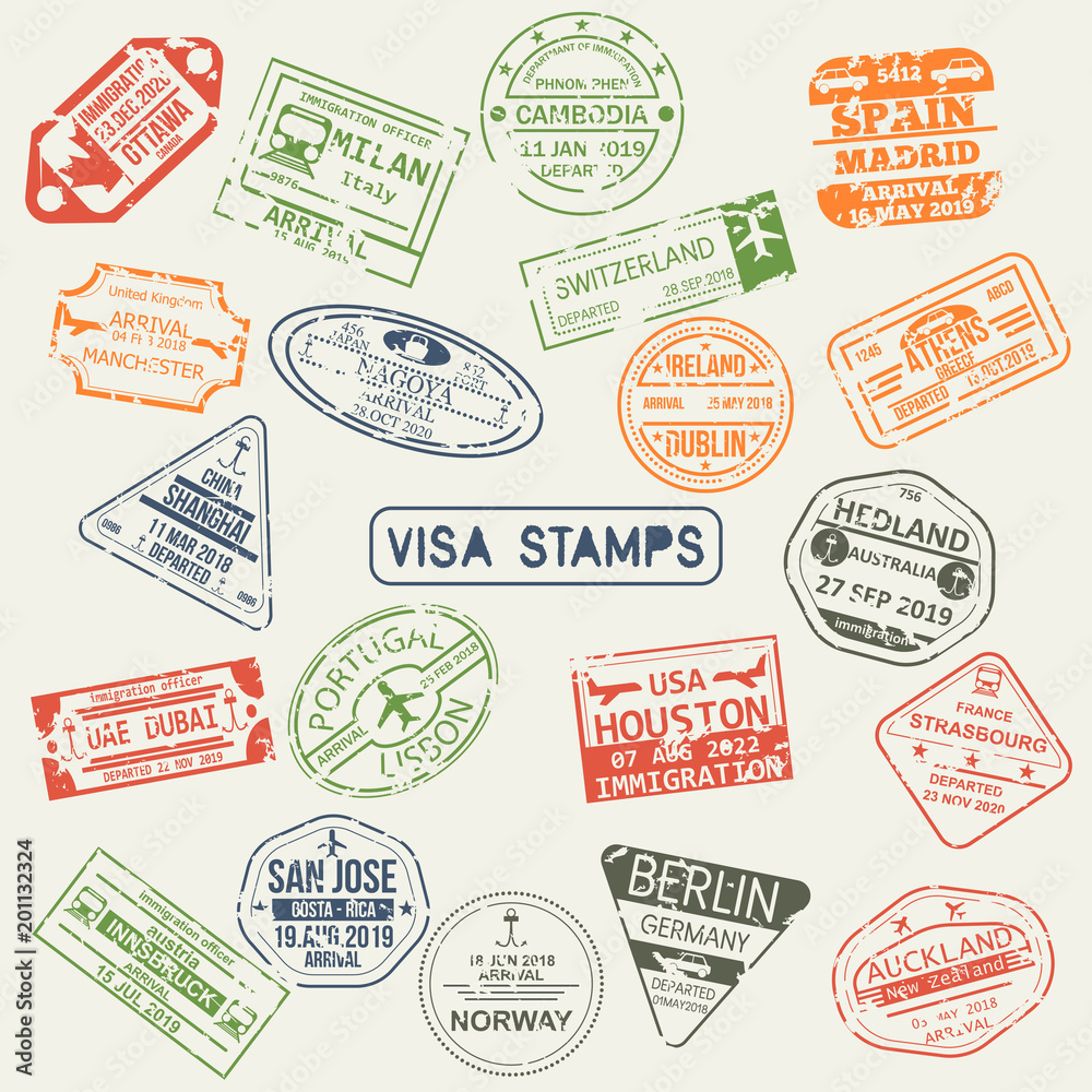 Set of isolated visa passport stamps of arriving to Ottawa, UAE, Switzerland,  Japan, UK, Australia, USA China, Spain, Portugal, Italy, Australia, Germany  Ireland France Norway Austria Greece Stock Vector | Adobe Stock