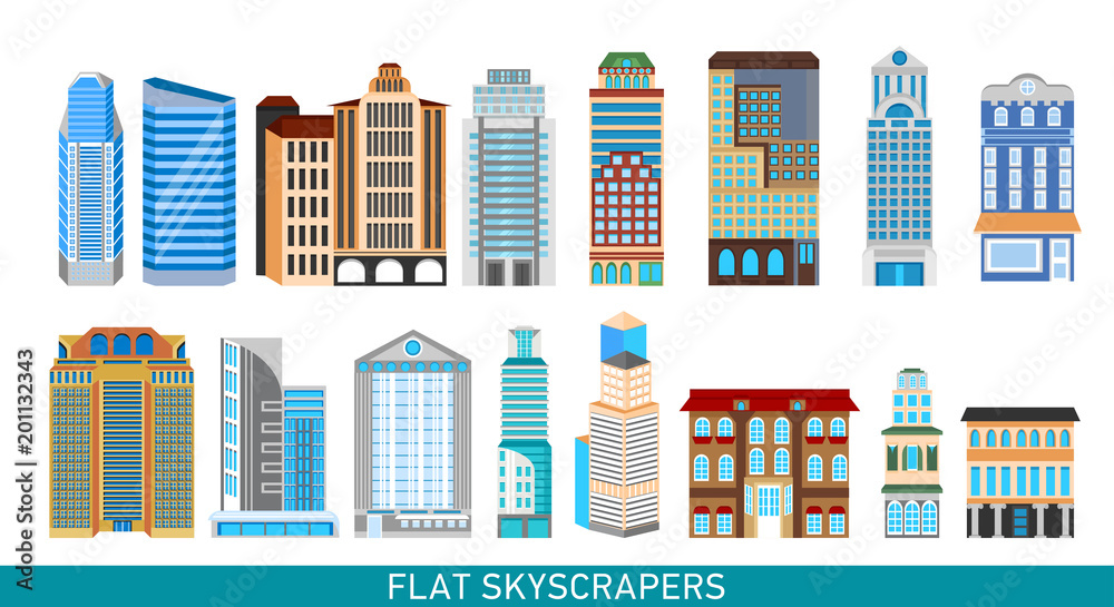 Modern skyscrapers set in flat style. Vector illustration for busines infographics. City design elements.