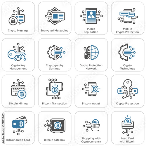Bitcoin and Blockchain Crypto Protection Technology Icons.