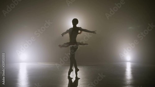 Silhouette of young ballerina dressed in white wearing pointe shoes dancing and practicing pirouettes on stage late at night