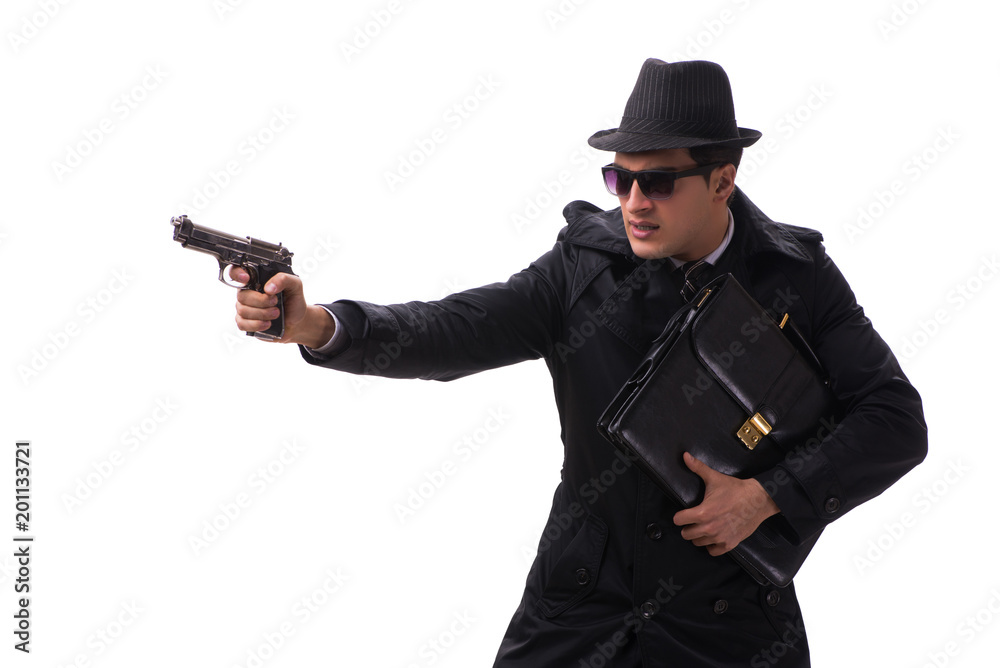 Man spy with handgun isolated on white background