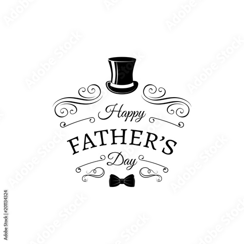 Father day card. Top hat, bow tie. Greeting card decorated swirls, ornamental filigree scroll elements. Vector.