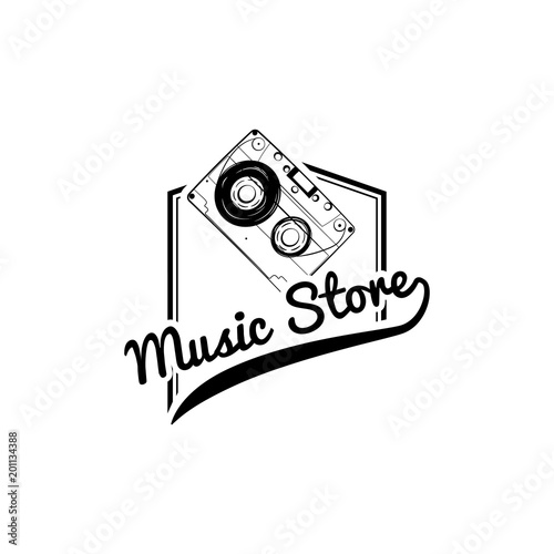 Audio Cassette icon. Music store label logo embel. Vector. photo