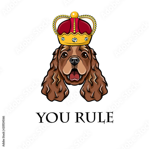 Cocker Spaniel king. Crown. Queen. Dog portrait. Vector.
