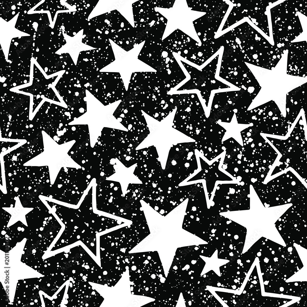 Stars with splash seamless vector pattern. Black and white cosmic, space background. Free hand drawn star shapes and chaotic blots or speckles. Cosmical monochrome texture. Stars with splash seamless vector pattern. Black and white cosmic, space background. Free hand drawn star shapes and chaotic blots or speckles. Cosmical monochrome texture.