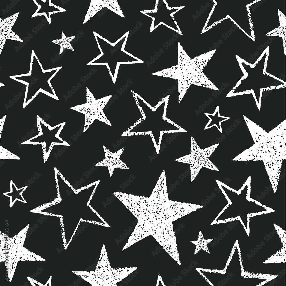 Brush or chalk drawn five-pointed stars of different size seamless vector pattern. Rough texture, uneven edges. Free hand drawn cosmic, space background. Doodle style white star shapes on chalkboard.  - obrazy, fototapety, plakaty 