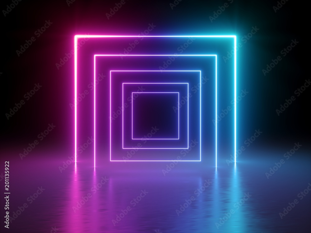 3d render, glowing lines, tunnel, neon lights, virtual reality, abstract background, square portal, arch, pink blue spectrum vibrant colors, laser show - obrazy, fototapety, plakaty 