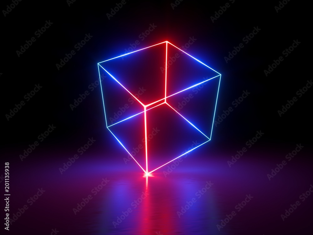 3d render, glowing lines, neon lights, abstract background, virtual  reality, cube cage, ultraviolet, infrared, spectrum vibrant colors, laser  show Stock Illustration | Adobe Stock
