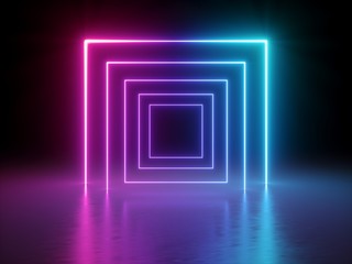 3d render, glowing lines, tunnel, neon lights, virtual reality, abstract background, square portal, arch, pink blue spectrum vibrant colors, laser show