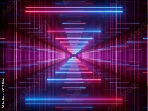 Fototapeta Naklejka Na Ścianę i Meble -  3d render, glowing lines, neon lights, abstract psychedelic background, corridor, tunnel, ultraviolet, spectrum vibrant colors, laser show