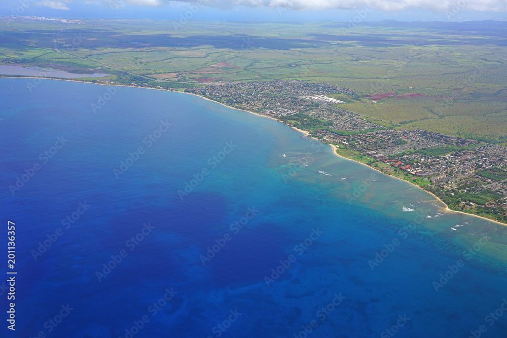 Aerial view of the Pacific Ocean coast in the Kihei area, Kealia Pond and Maalaea Bay in Maui, Hawaii